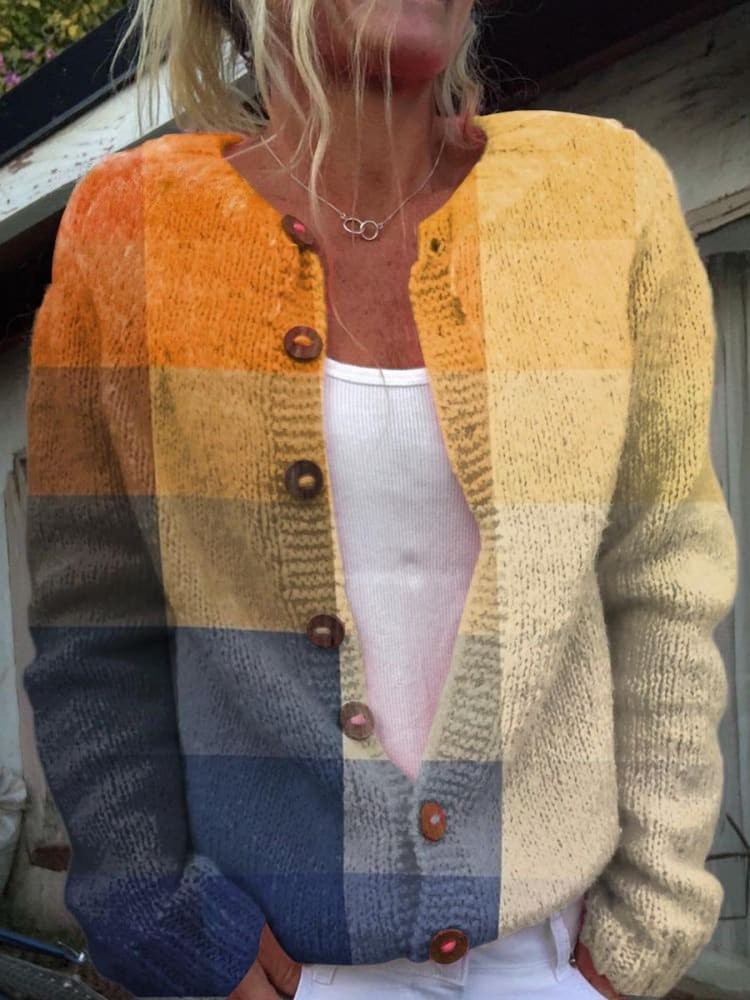 Vintage Orange Blue Gradient Plaid Pattern Sunset Abstract Art Buttoned Cardigan Sweater