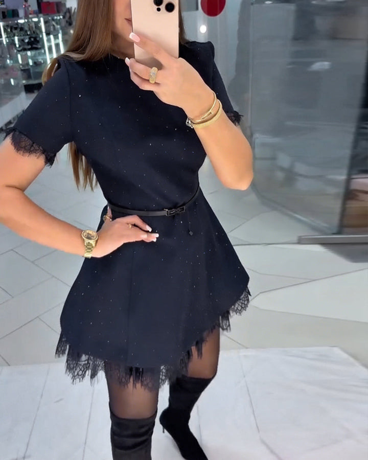 Shimmering Lace Dress with Short Sleeves and A-Line Cut