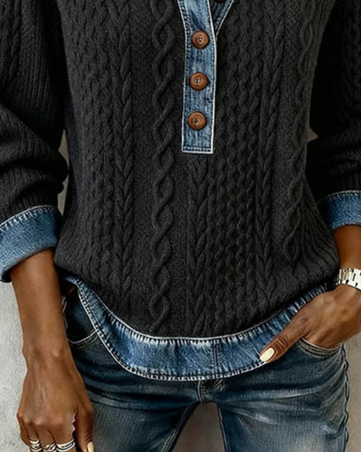 Elegant Color Block Denim Sweatshirt