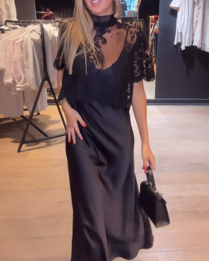 Lace and Mesh Blouse Set with Draped Nightgown