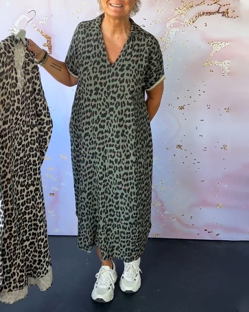 Short Sleeve Leopard Print Dress with V-Neck