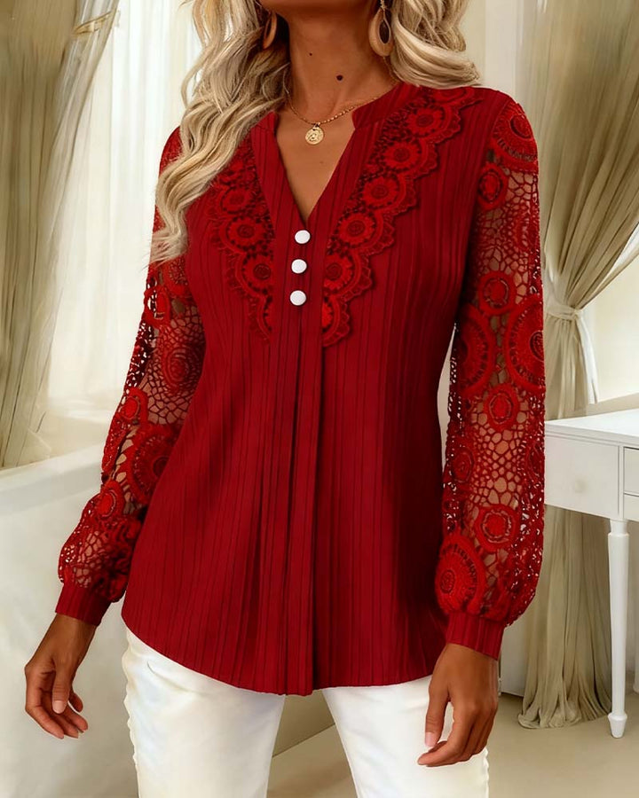 Lace Blouse Panel Long Sleeve V-Neck