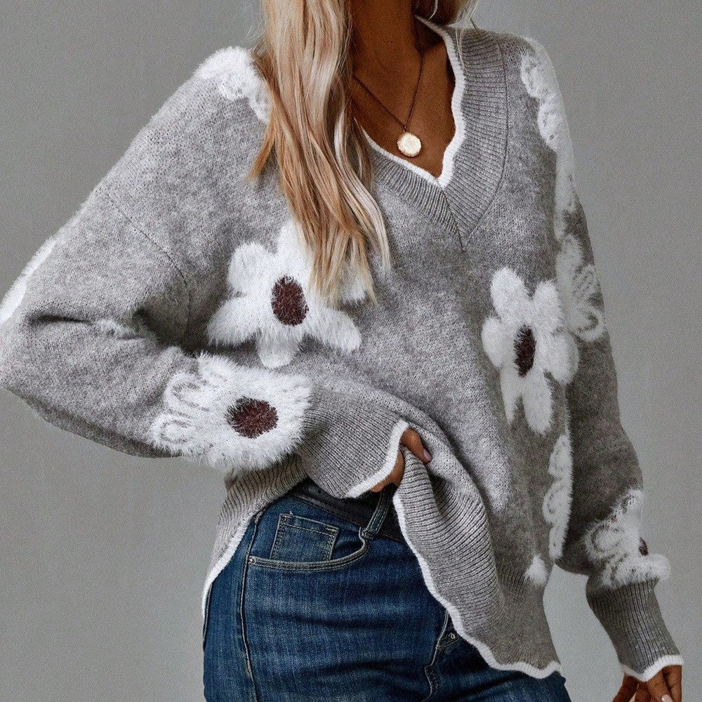 THEA – ELEGANT V-NECK FLORAL SWEATER