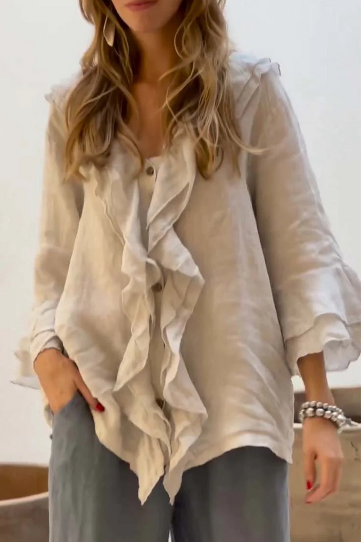 ARIETTA – CASUAL SOLID COLOR RUFFLE V-NECK BLOUSE