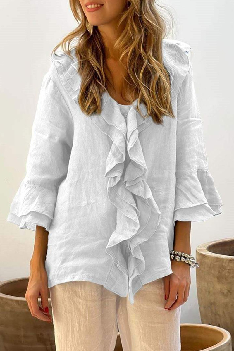ARIETTA – CASUAL SOLID COLOR RUFFLE V-NECK BLOUSE