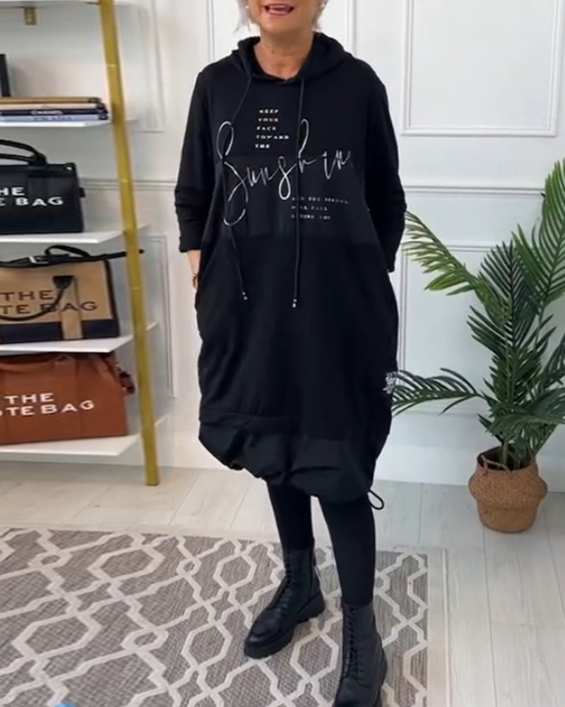 Casual Hooded Dress with Color Block Letter Print and Pocket
