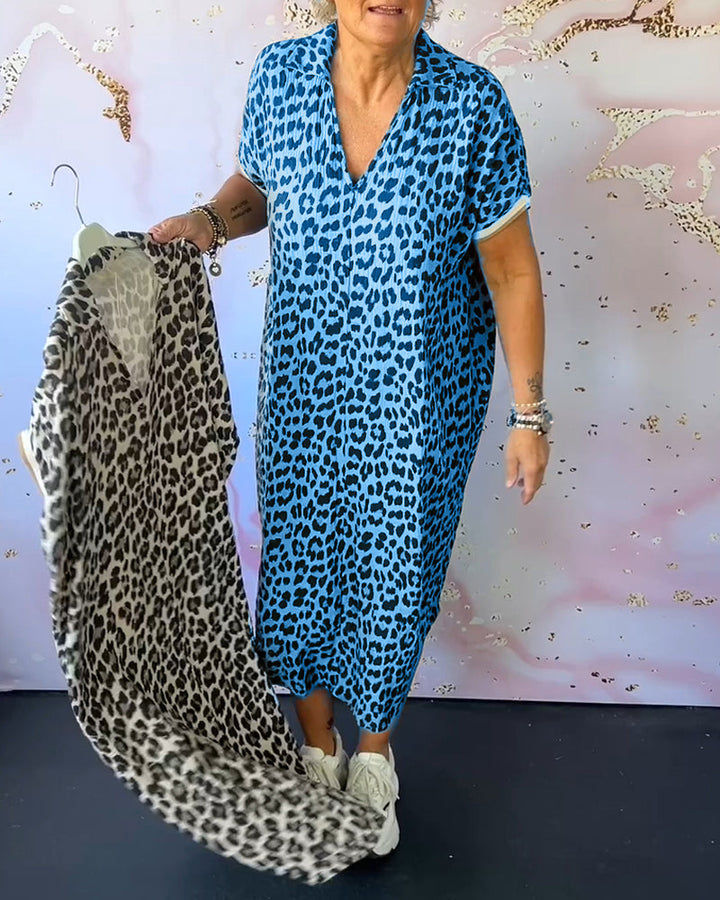 Short Sleeve Leopard Print Dress with V-Neck