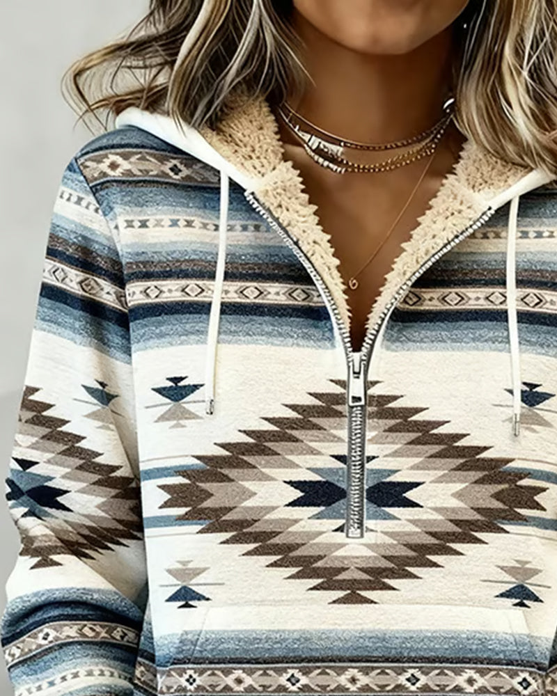Sweatshirt with Retro Print and Hood with Half Zipper