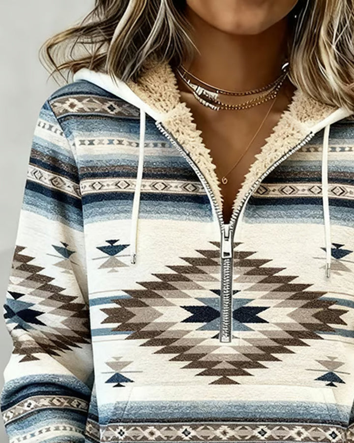 Sweatshirt with Retro Print and Hood with Half Zipper