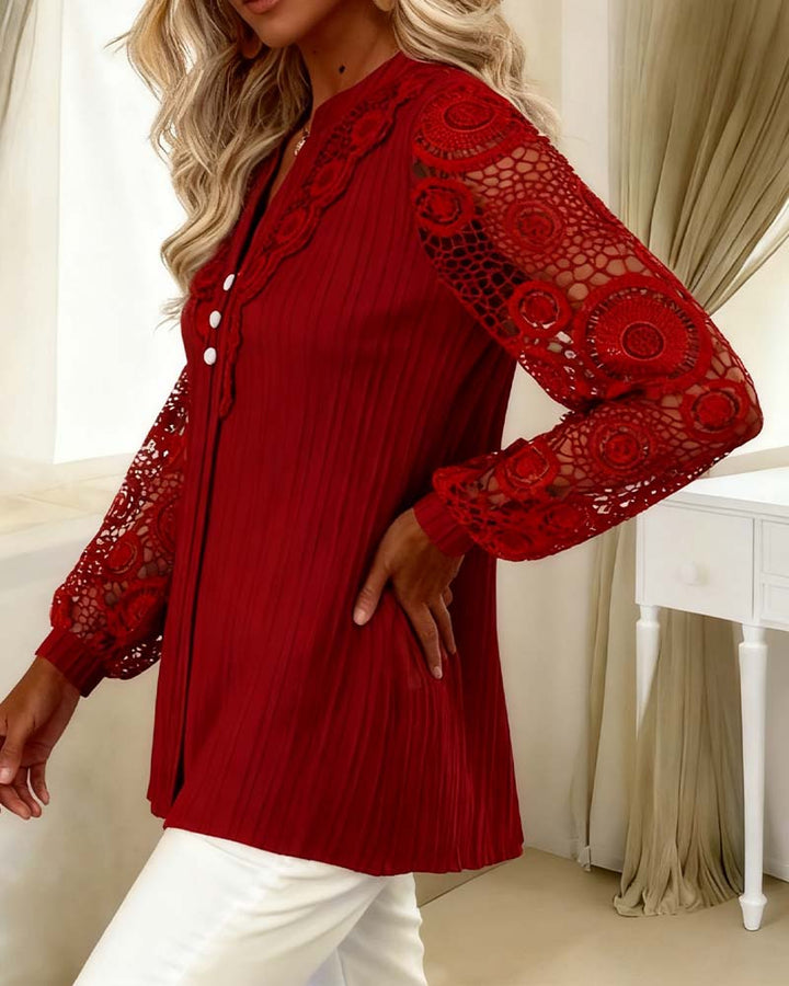 Lace Blouse Panel Long Sleeve V-Neck