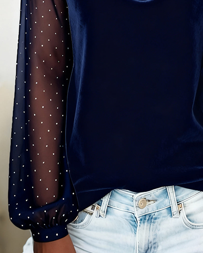 Draped Neck Patchwork Top Long Sleeves