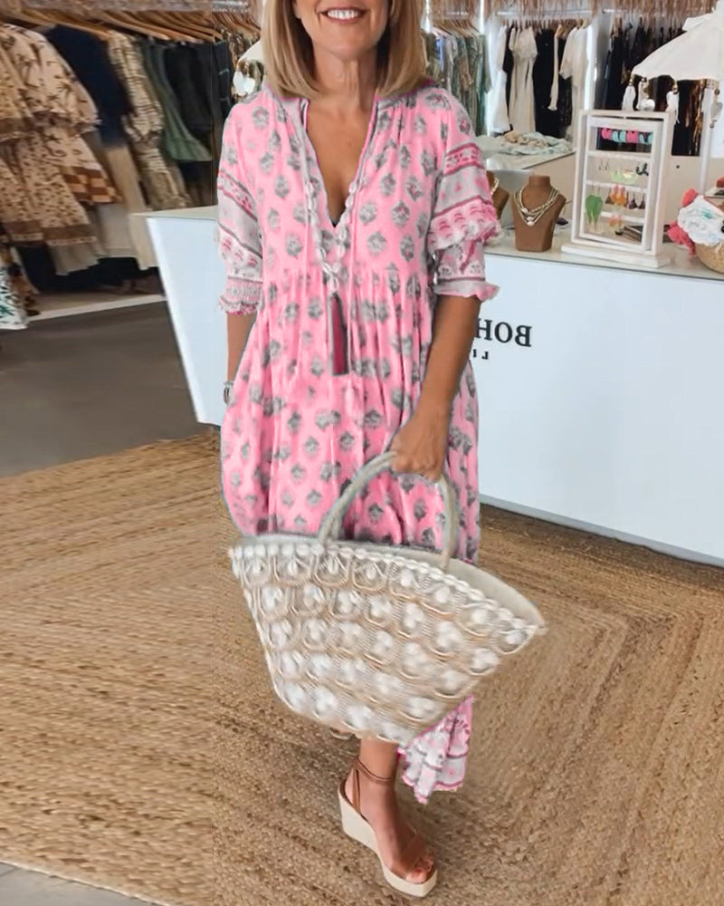 Casual Printed V-Neck Dress with Half Sleeves