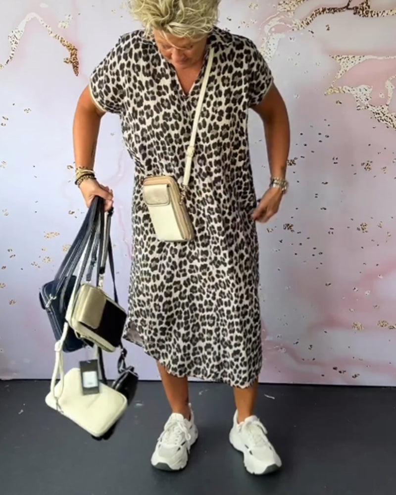 Short Sleeve Leopard Print Dress with V-Neck
