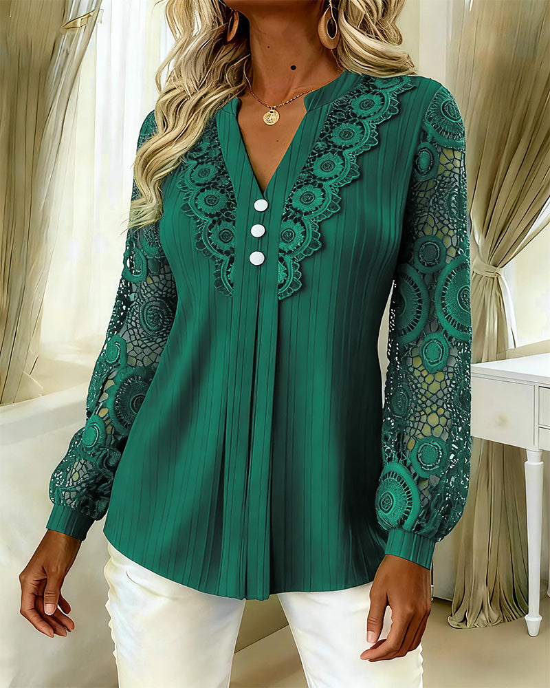 Lace Blouse Panel Long Sleeves V-Neck
