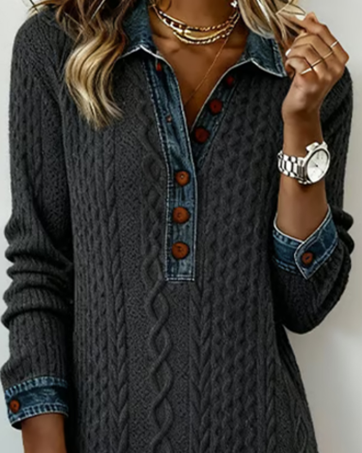 Denim Collar Dress Twisted Pattern and Patchwork