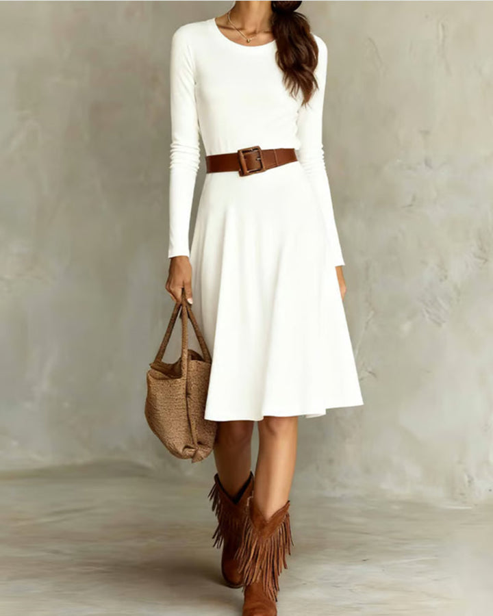 Elegant Solid Dress with Round Neck and Flared Skirt