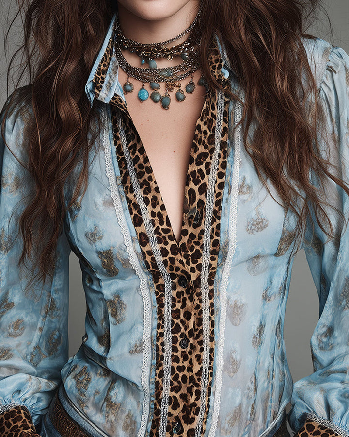 Puff Sleeve Leopard Print Blouse Inserted