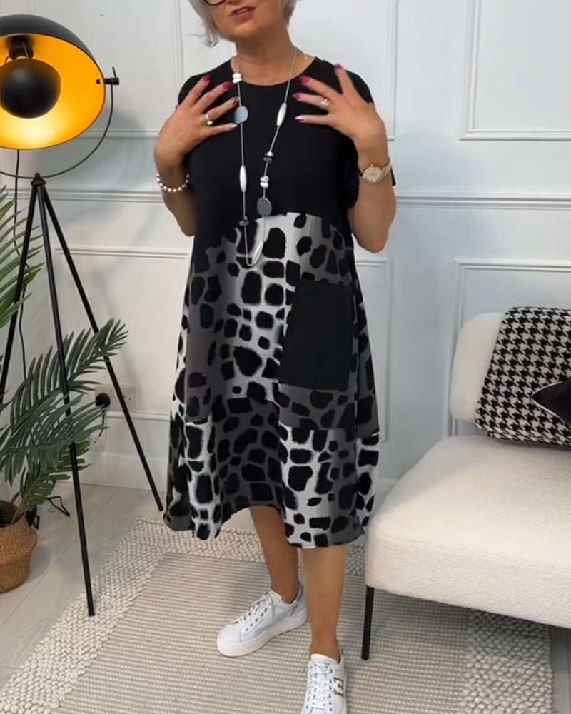 Printed Short Sleeve Dress with Round Neck