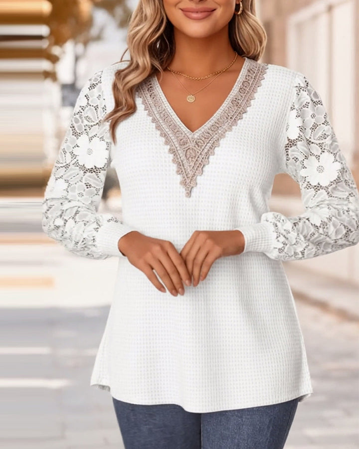 Elegant V-neck Long Sleeve Lace T-shirt