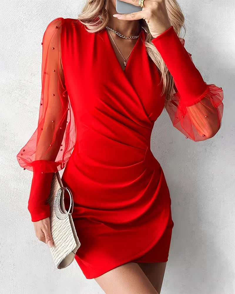 V-Neck Mesh Dress Patchwork
