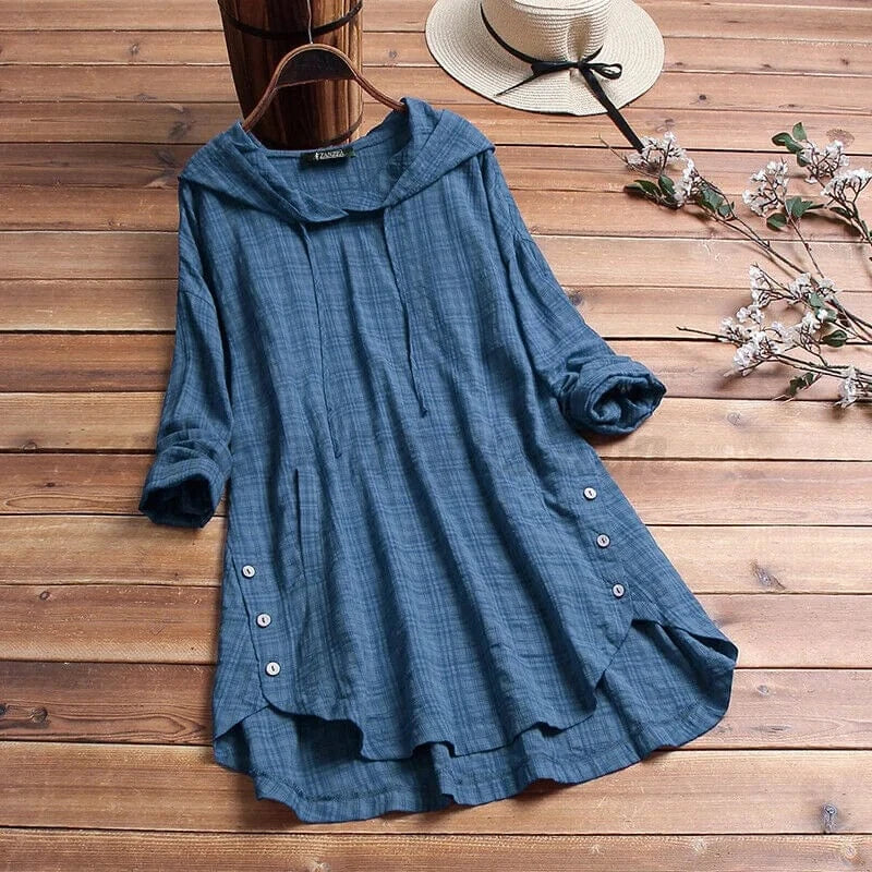 GHISELE – LINEN TUNIC HOODIE WITH BUTTON DETAILS