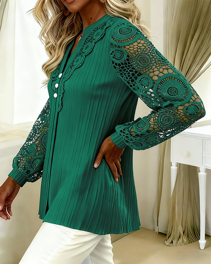 Lace Blouse Panel Long Sleeve V-Neck