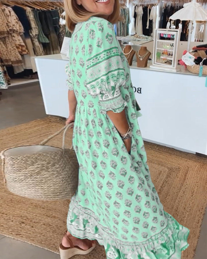 Casual Printed V-Neck Dress with Half Sleeves