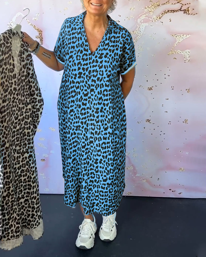 Short Sleeve Leopard Print Dress with V-Neck