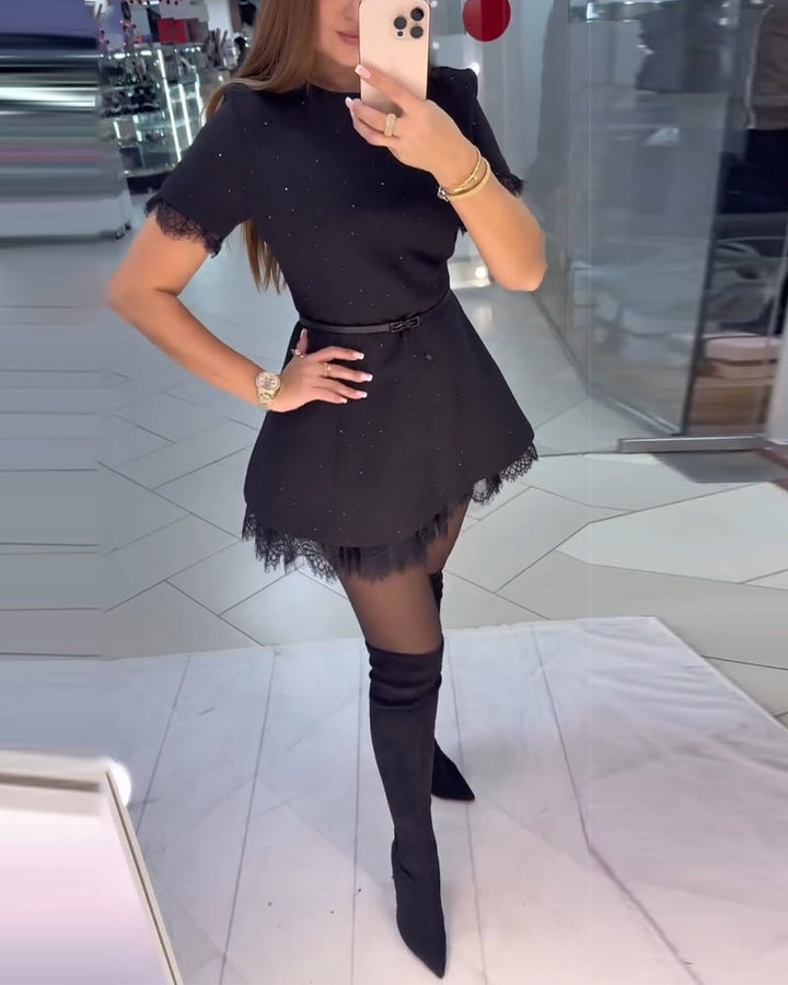 Shimmering Lace Dress with Short Sleeves and A-Line Cut