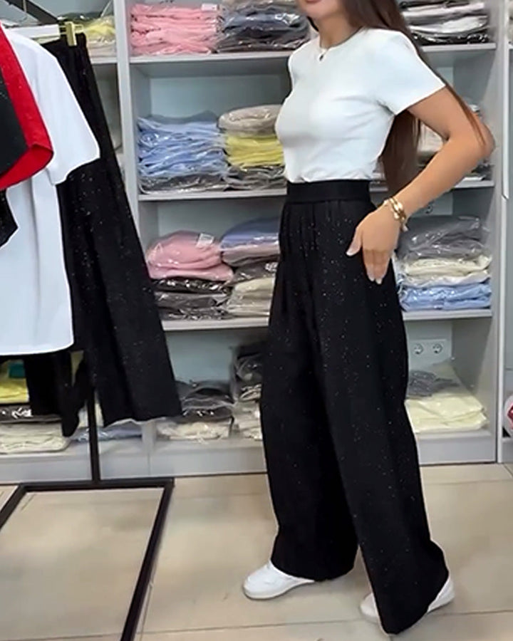Elegant High-Waisted Shiny Wide Leg Pants