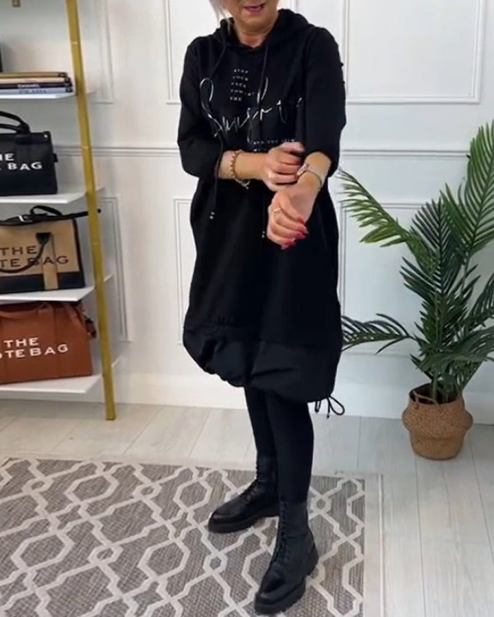 Casual Hooded Dress with Color Block Letter Print and Pocket