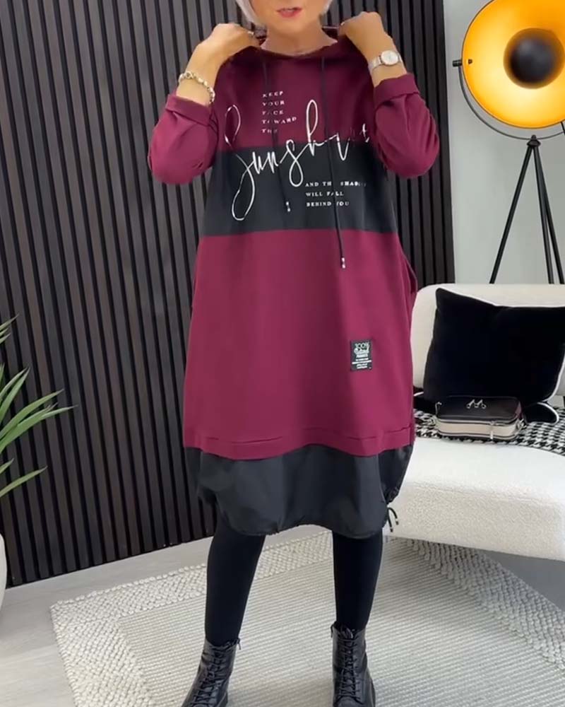 Casual Hooded Dress with Color Block Letter Print and Pocket