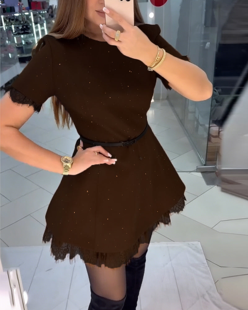 Shimmering Lace Dress with Short Sleeves and A-Line Cut