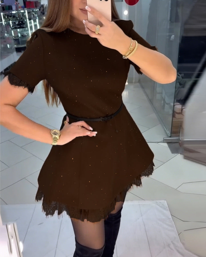 Shimmering Lace Dress with Short Sleeves and A-Line Cut