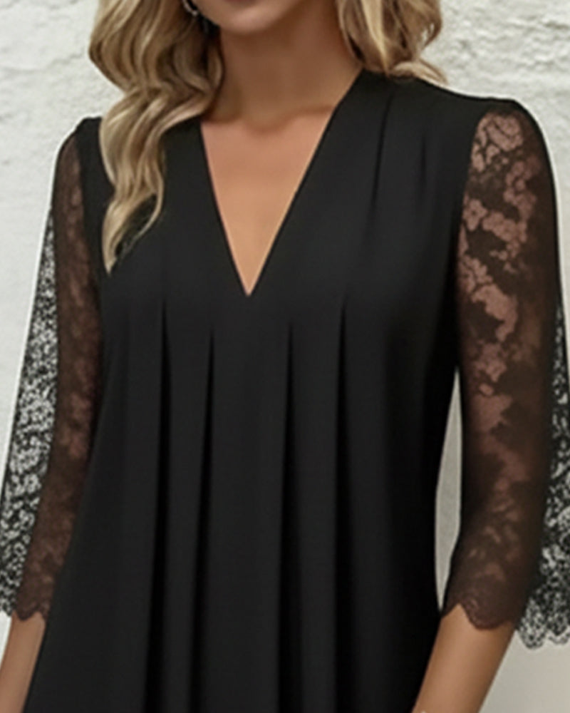 Dress with Lace Detail V-Neck and Pleated Design Elegant Atmosphere
