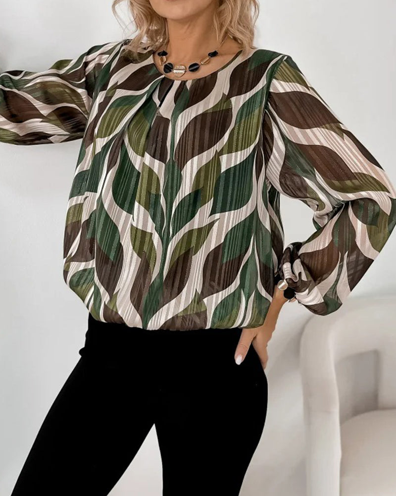 Blouse with Lantern Sleeves and Round Neckline