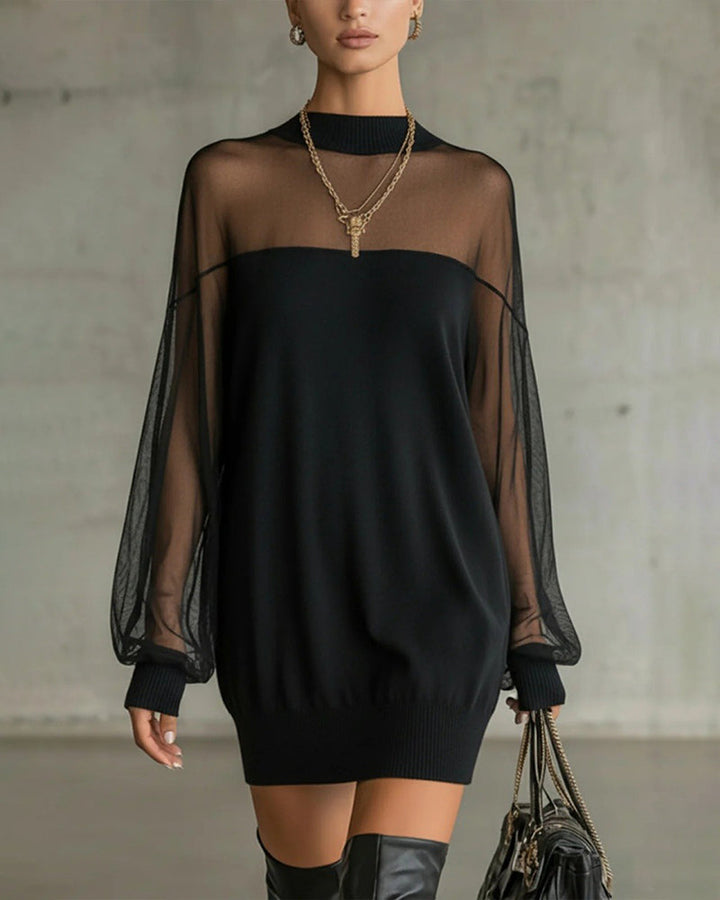 Solid Color Lantern Sleeve Patchwork Dress