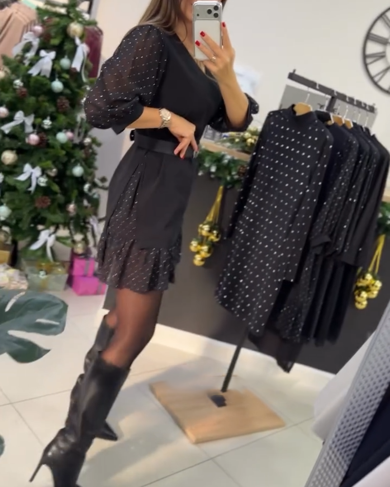 Elegant V-Neck Dress with Patchwork Pattern