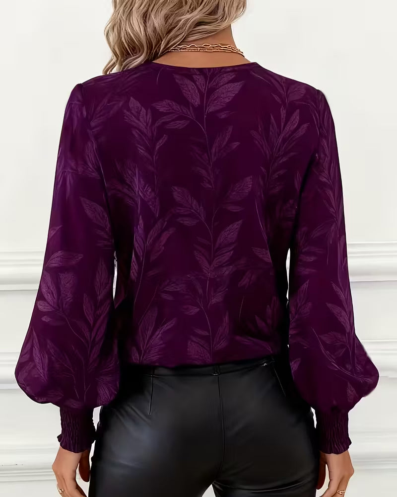 Leaf Pattern Blouse V-Neck Long Sleeves