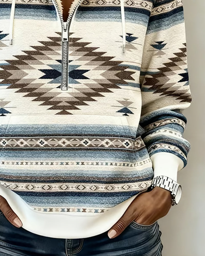 Sweatshirt with Retro Print and Hood with Half Zipper