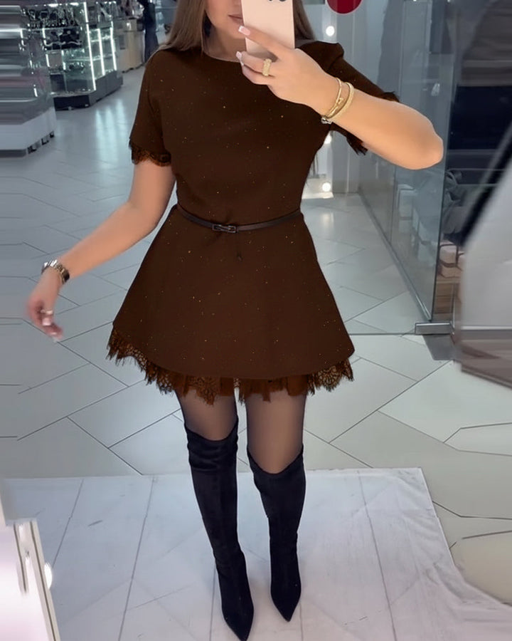 Shimmering Lace Dress with Short Sleeves and A-Line Cut