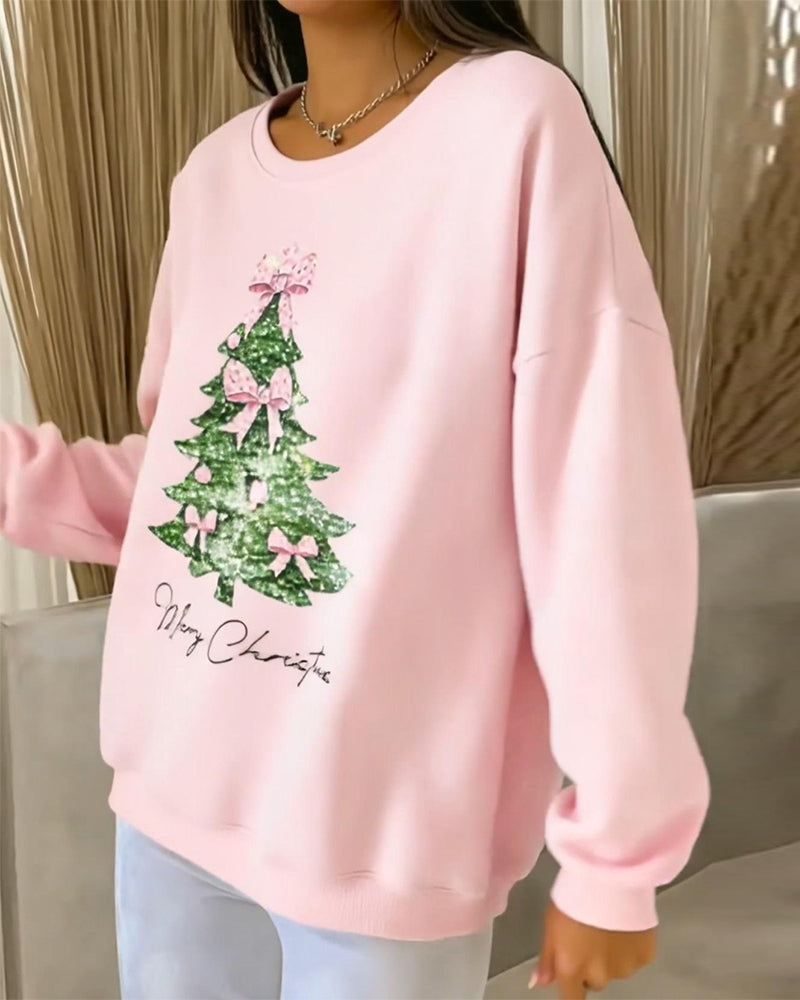 Round Neck Long Sleeve Christmas Print Sweatshirt