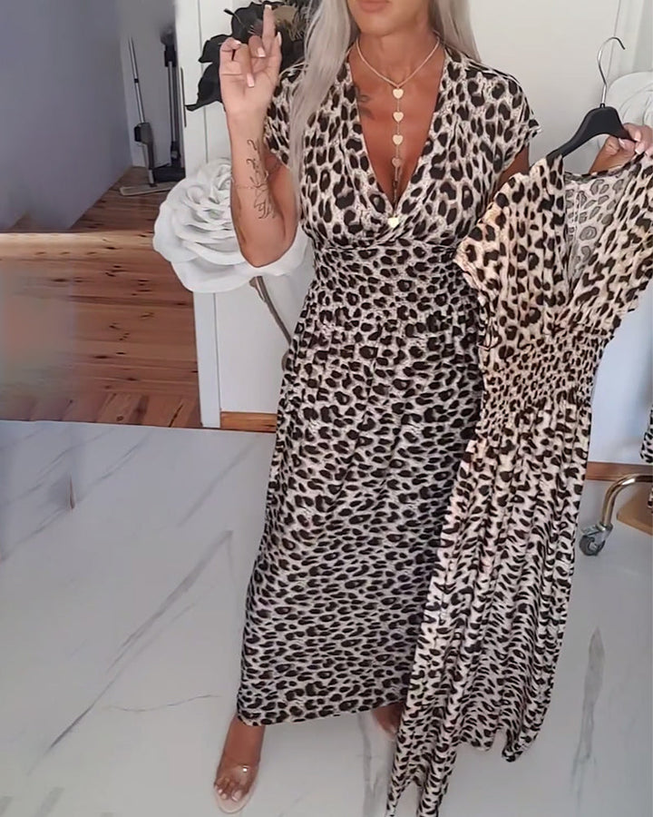 Elegant Leopard Print Dress with V-Neck