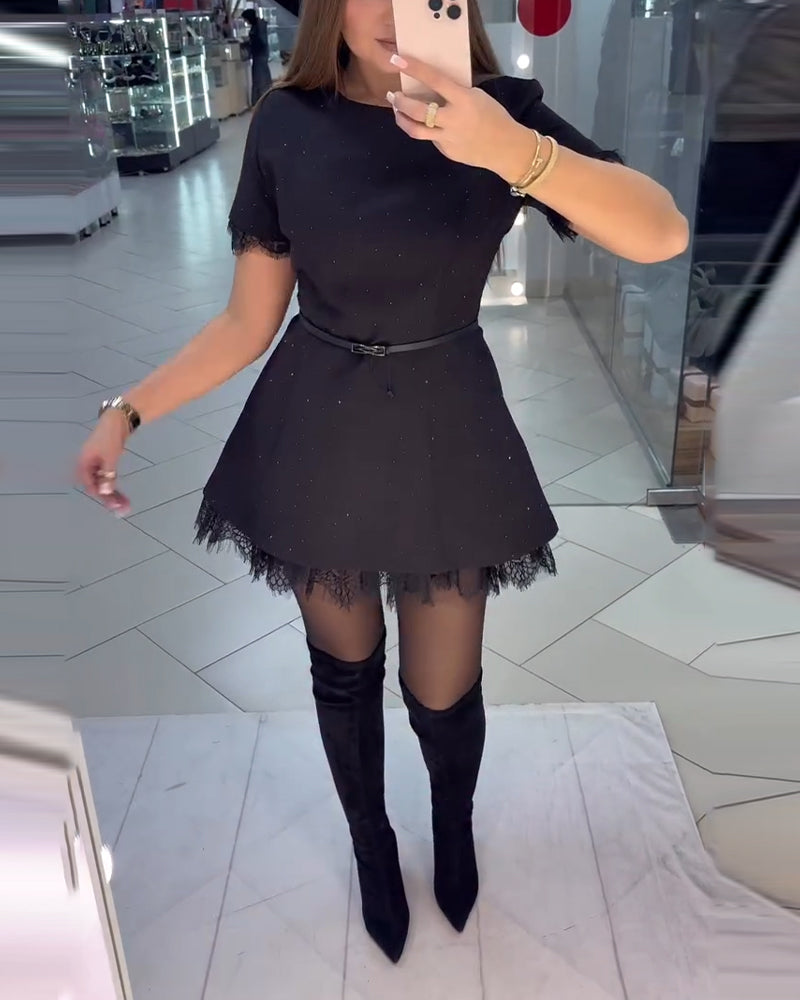 Shimmering Lace Dress with Short Sleeves and A-Line Cut