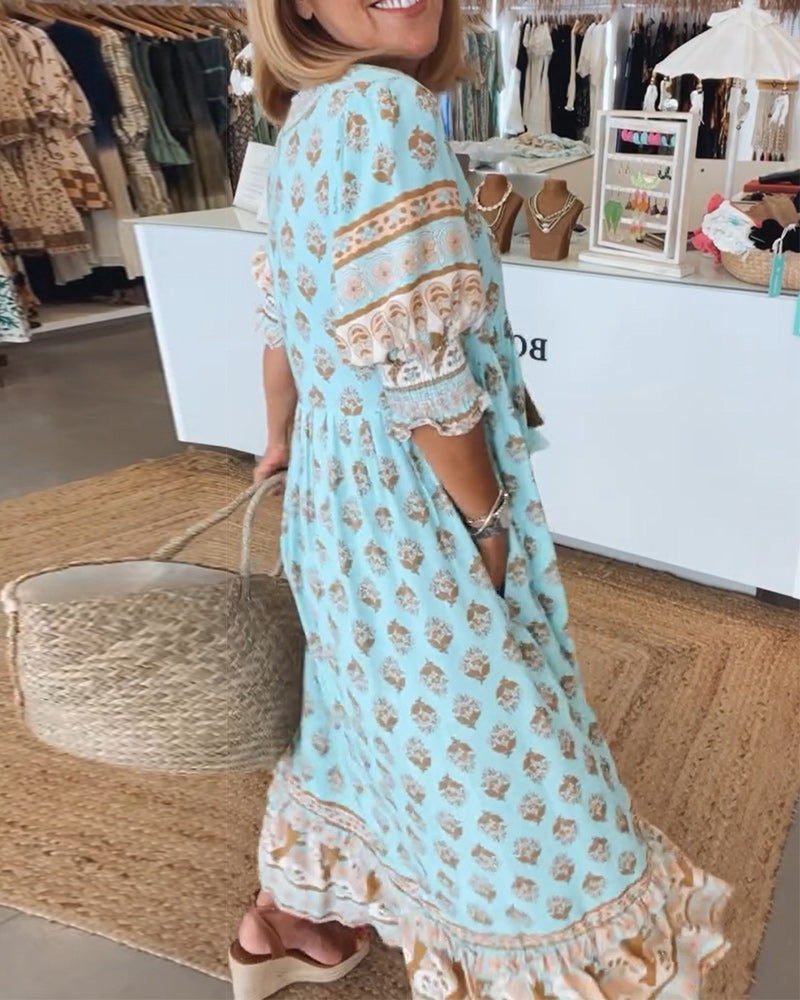 Casual Printed V-Neck Dress with Half Sleeves
