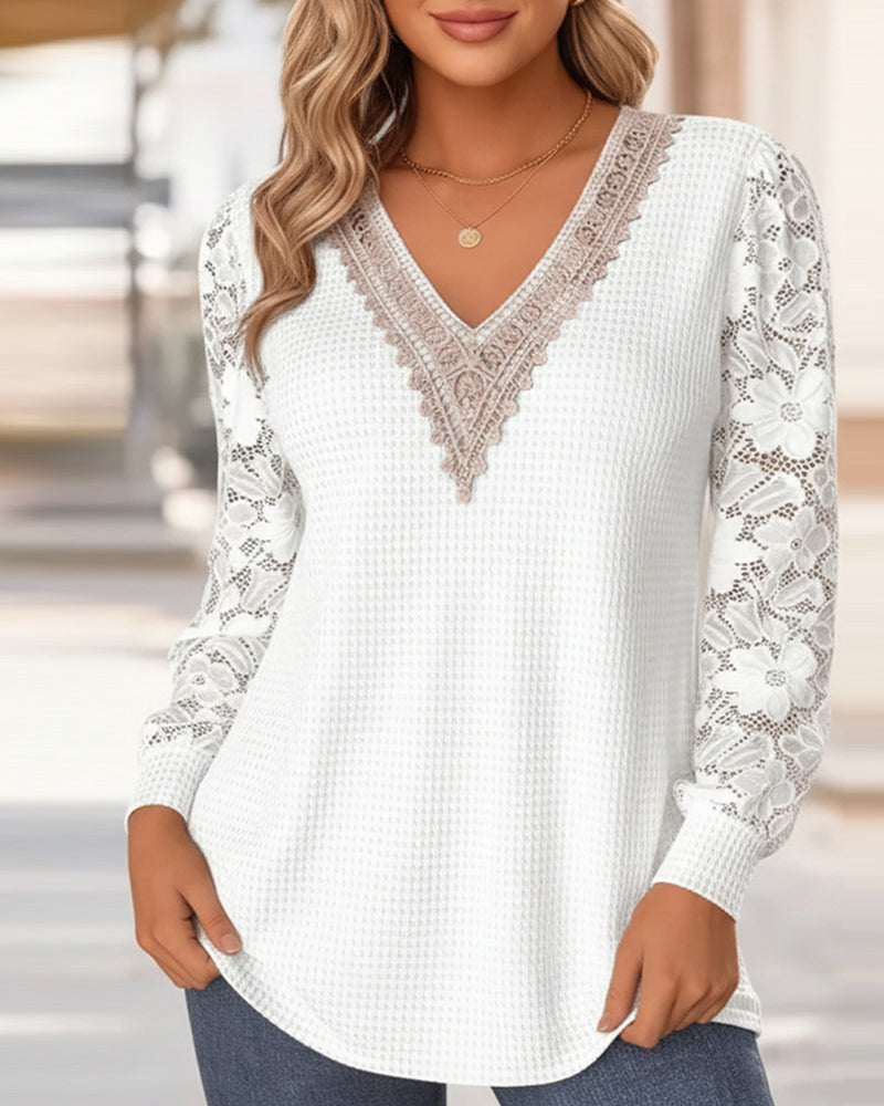 Elegant V-neck Long Sleeve Lace T-shirt