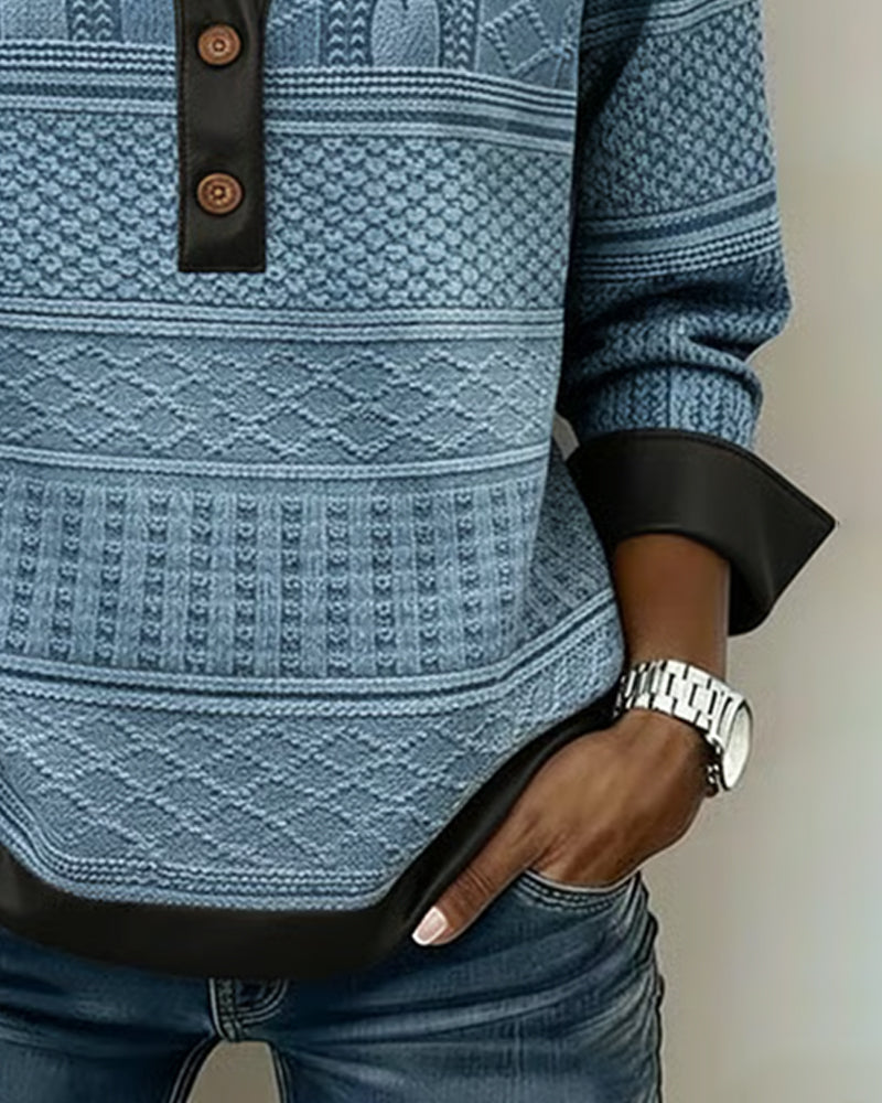 Buttoned Collar Sweatshirt with Patchwork Details