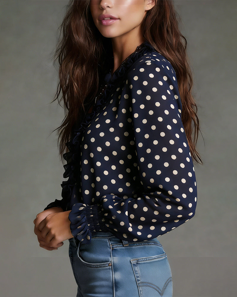 Polka Dot Ruffled Half-Zip Blouse