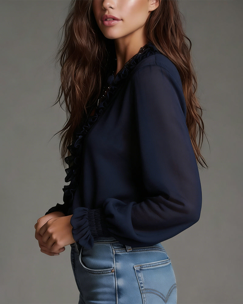 Solid Ruffle Collar Half-Zip Blouse
