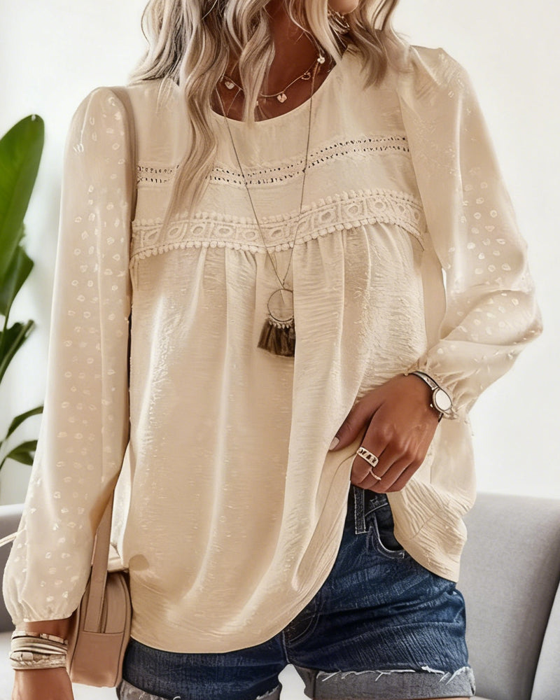 Lace Panel Blouse with Round Neck